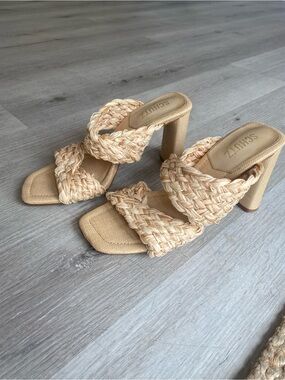 New SCHUTZ Amani Natural Beige Braided Block Heel Sandals